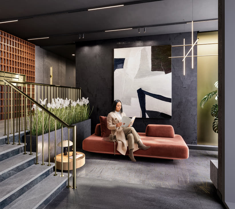 Современная архитектура вторит внутреннему наполнению квартала. Двор-парк, свободный от автомобилей, надежная система безопасности, клубные пространства для отдыха и работы и, конечно, просторные квартиры с панорамными окнами в пол, потолками до 7,8 метров – таким нам представляется современный премиум-класс.