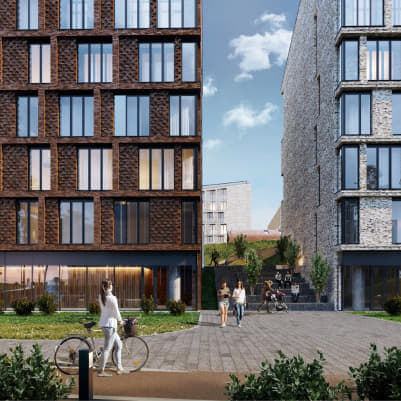 Цветовое решение жилого комплекса построено на принципе преемственности. Светло-бежевый цвет кирпича гармонирует со светлыми тонами окружающей застройки