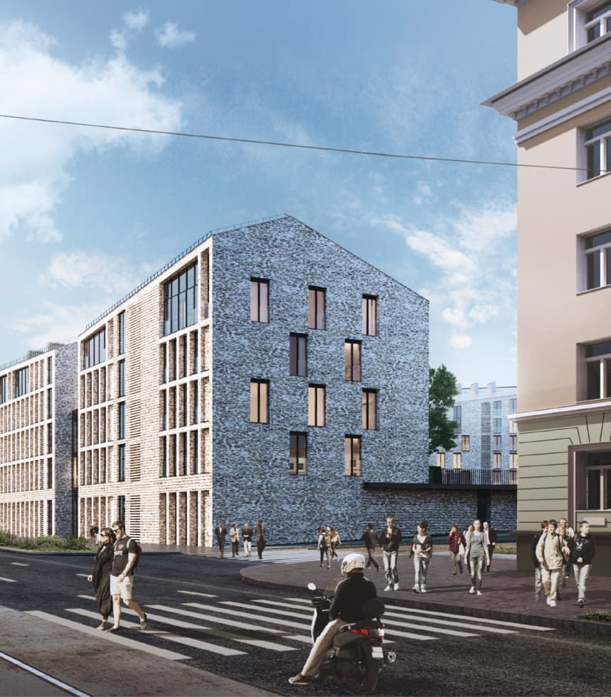 Цветовое решение жилого комплекса построено на принципе преемственности. Светло-бежевый цвет кирпича гармонирует со светлыми тонами окружающей застройки